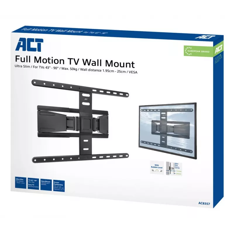 Suporte de parede para TV totalmente articulado ACT AC8357 para ecrãs de 43 a 90 polegadas, VESA 100x200 – 600x400, inclinação -15° – 3°, rotação ±30°, carga máxima 50 kg, ultraplano