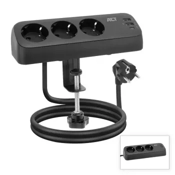 Régua de tomadas de secretária ACT com 3 tomadas Type-F, 30W Power Delivery, ligações USB Type-C/A, comprimento do cabo 1,5 metros