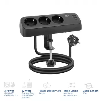 Régua de tomadas de secretária ACT com 3 tomadas Type-F, 30W Power Delivery, ligações USB Type-C/A, comprimento do cabo 1,5 metros
