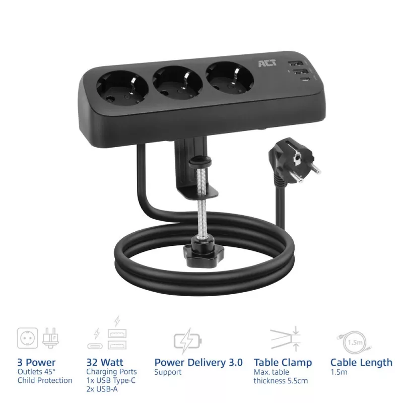 Régua de tomadas de secretária ACT com 3 tomadas Type-F, 30W Power Delivery, ligações USB Type-C/A, comprimento do cabo 1,5 metros