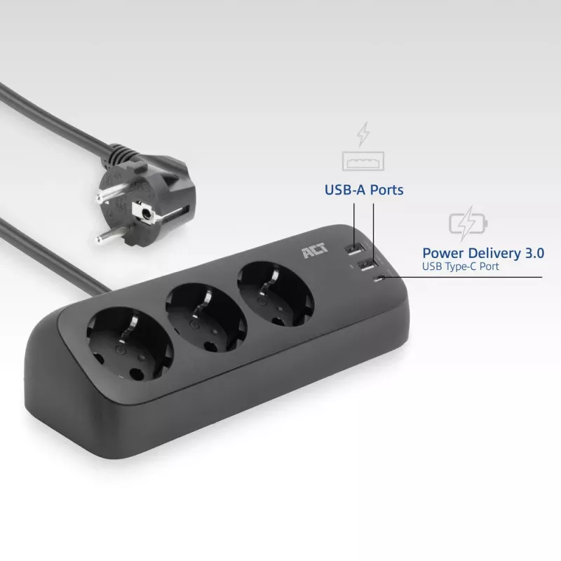 Régua de tomadas de secretária ACT com 3 tomadas Type-F, 30W Power Delivery, ligações USB Type-C/A, comprimento do cabo 1,5 metros