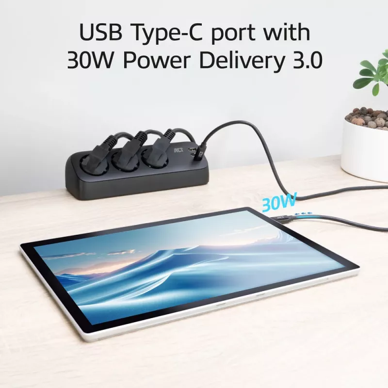 Régua de tomadas de secretária ACT com 3 tomadas Type-F, 30W Power Delivery, ligações USB Type-C/A, comprimento do cabo 1,5 metros