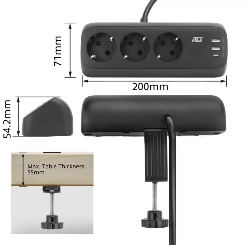 Régua de tomadas de secretária ACT com 3 tomadas Type-F, 30W Power Delivery, ligações USB Type-C/A, comprimento do cabo 1,5 metros