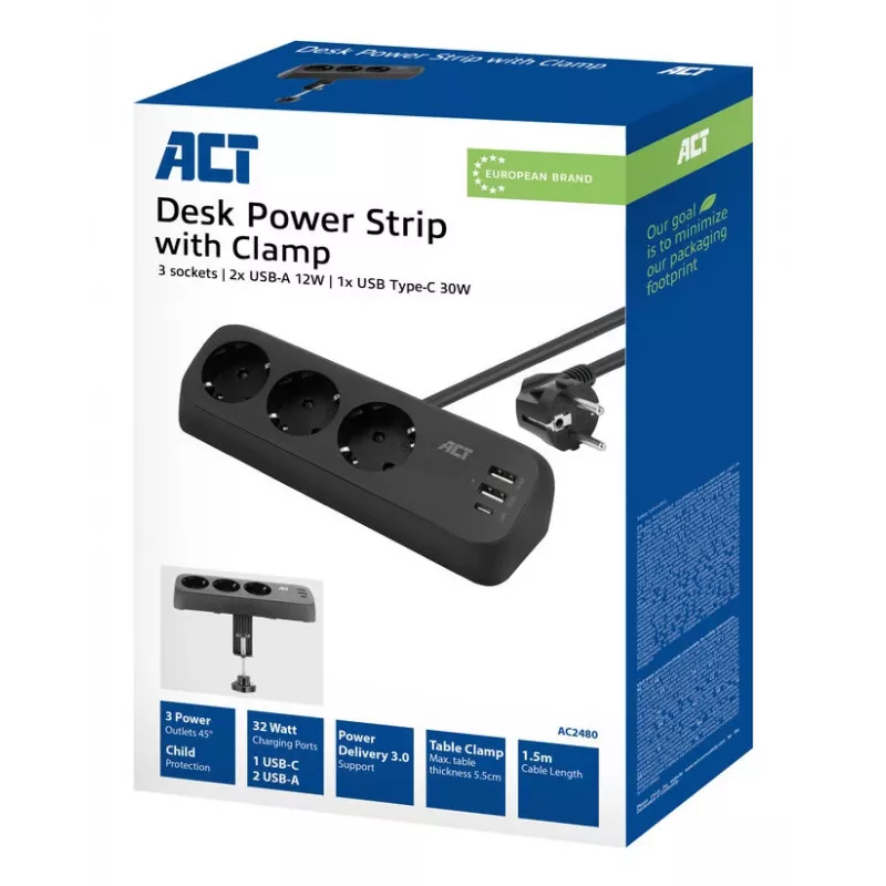 Régua de tomadas de secretária ACT com 3 tomadas Type-F, 30W Power Delivery, ligações USB Type-C/A, comprimento do cabo 1,5 metros