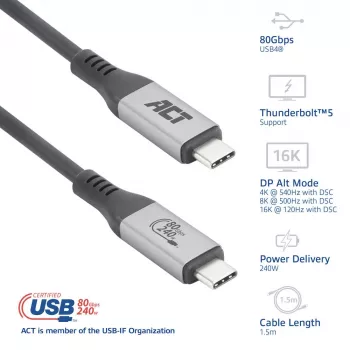 Cabo USB4 80Gbps Thunderbolt 5 ACT 240W USB Type-C, certificado USB-IF, 1,5 metros