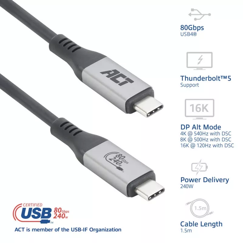 Cabo USB4 80Gbps Thunderbolt 5 ACT 240W USB Type-C, certificado USB-IF, 1,5 metros
