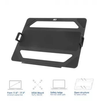 Prateleira universal ACT para portátil para braços de monitor, preto, aço, 29,5 cm (11,6 polegadas), 43,9 cm (17,3 polegadas), 9 kg, 75 x 75 mm