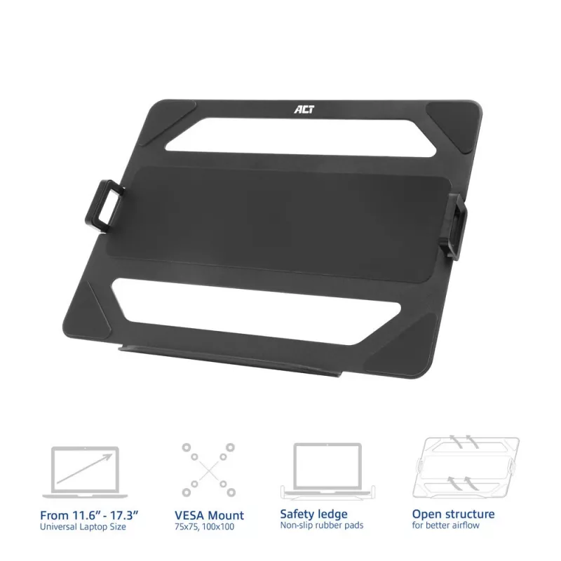 Prateleira universal ACT para portátil para braços de monitor, preto, aço, 29,5 cm (11,6 polegadas), 43,9 cm (17,3 polegadas), 9 kg, 75 x 75 mm