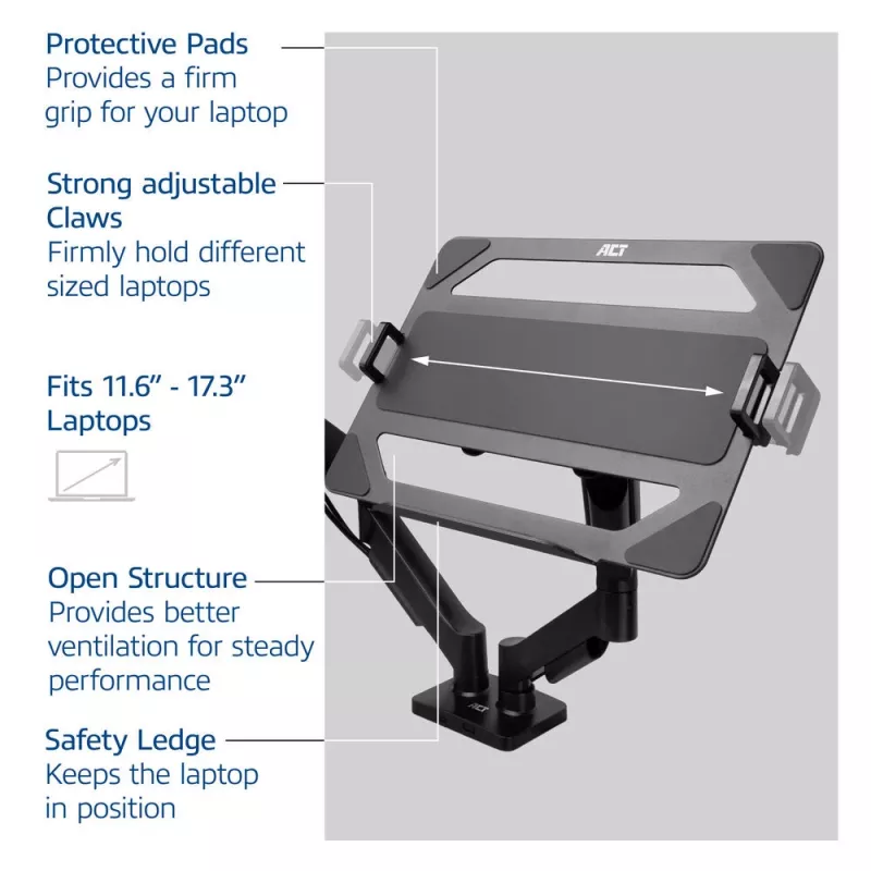 Prateleira universal ACT para portátil para braços de monitor, preto, aço, 29,5 cm (11,6 polegadas), 43,9 cm (17,3 polegadas), 9 kg, 75 x 75 mm