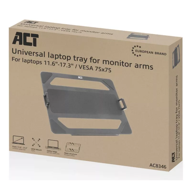 Prateleira universal ACT para portátil para braços de monitor, preto, aço, 29,5 cm (11,6 polegadas), 43,9 cm (17,3 polegadas), 9 kg, 75 x 75 mm