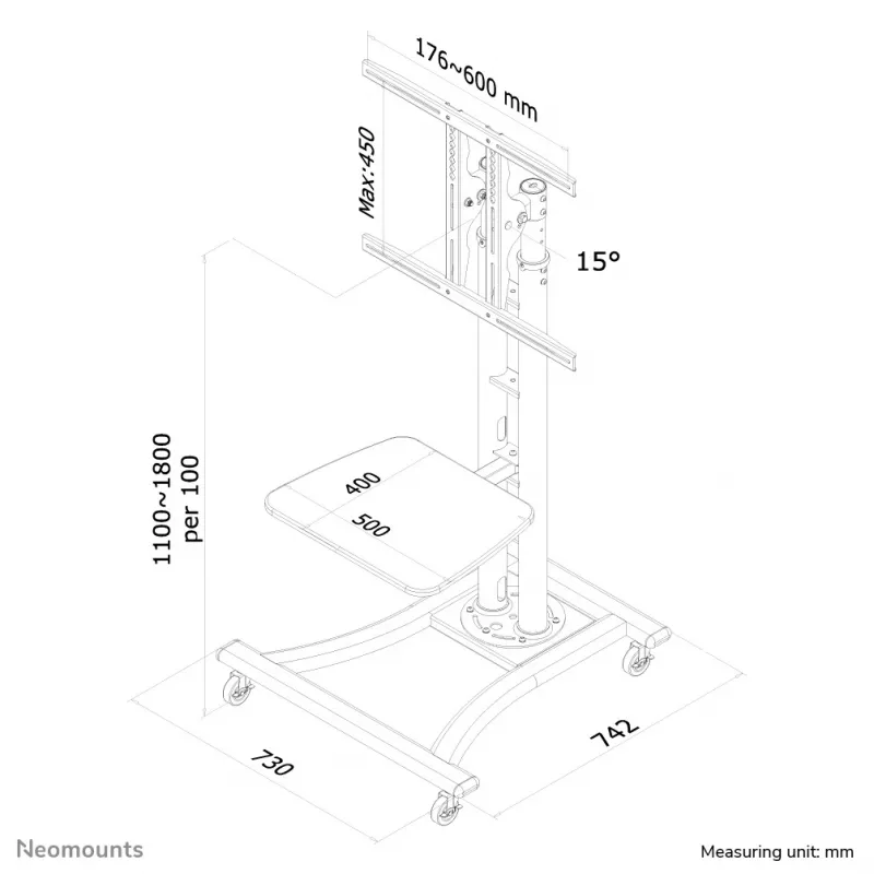 Neomounts PLASMA-M1800E Suporte móvel para TV 27-70 polegadas, prateado, suporte de chão portátil, aço, 50 kg, 68,6 cm (27 polegadas), 177,8 cm (70 polegadas)