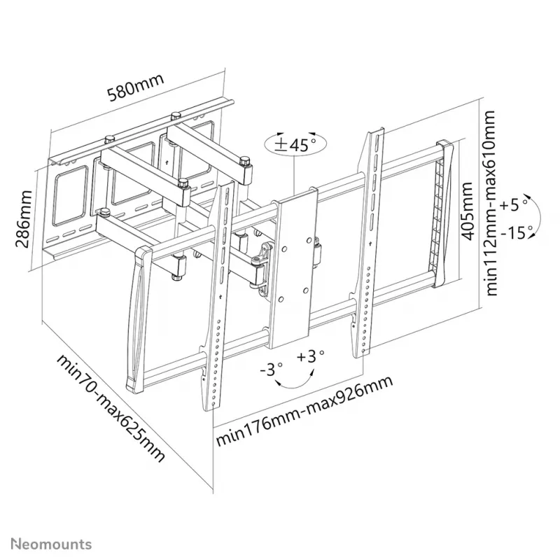 Neomounts Suporte de parede para TV LFD-W8000 — ecrã único, 60 polegadas–100 polegadas (152,4–254 cm), 80 kg, VESA 200x200–900x600, inclinação 0–20°, 7–62,5 cm, preto