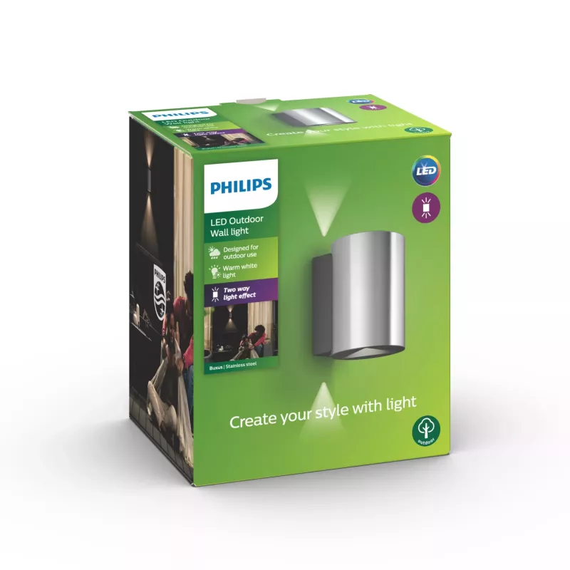 Philips myGarden Buxus aplique de parede 4,5 W, aplique de parede exterior, aço inoxidável, metal, IP44, terraço, jardim, I