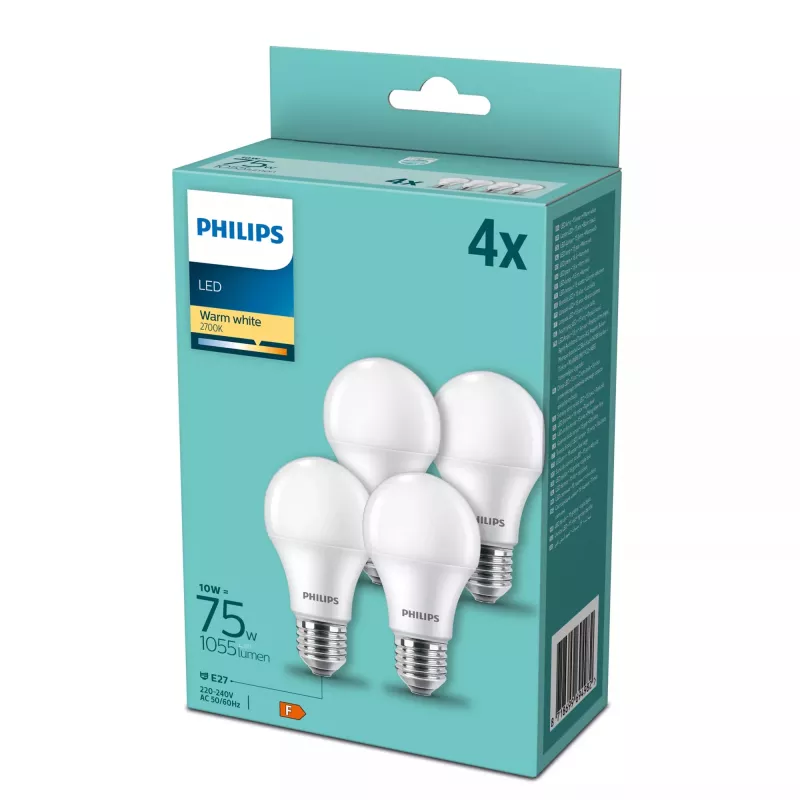 Philips lâmpada LED E27 pack de 4, 10 W (equivalente a 75 W), 2700 K