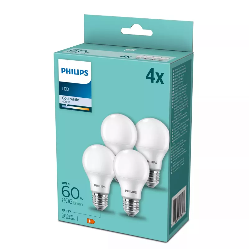 Lâmpada LED Philips E27 60W 4000K, pack de 4 — casquilho E27, 4000K branco neutro