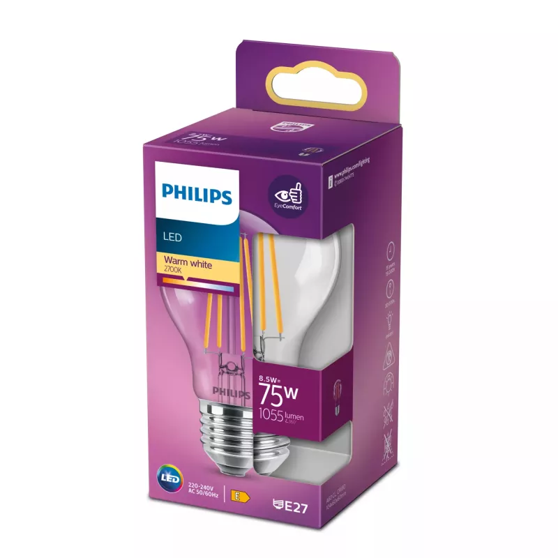 Lâmpada filamento Philips transparente 75W A60 E27 8,5W branco quente 1055lm