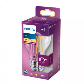 Lâmpada filamento Philips transparente 100W A60 E27 10,5W branco quente 1521lm