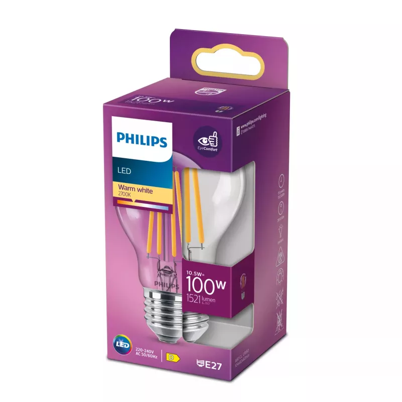 Lâmpada filamento Philips transparente 100W A60 E27 10,5W branco quente 1521lm
