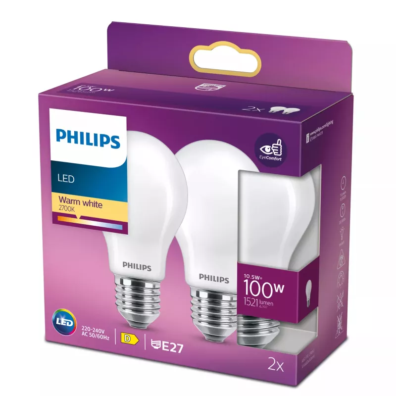 Lâmpada filamento Philips baço 100W A60 E27 x2, 10,5 W, 100 W, E27, 1521 lm, 15000 h, branco quente