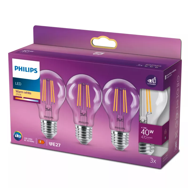 Lâmpada filamento Philips transparente 40W A60 E27 x3, 4,3 W, 40 W, E27, 470 lm, 15000 h, branco quente