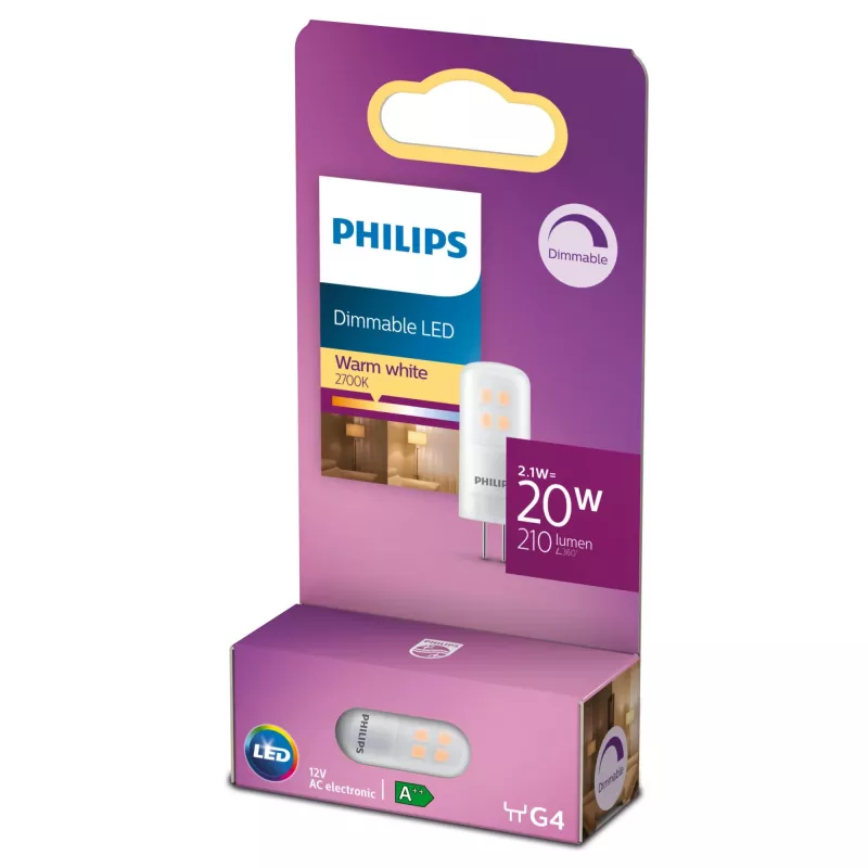 Philips cápsula (regulável), 2,1 W, 20 W, G4, 210 lm, 15000 h, branco quente