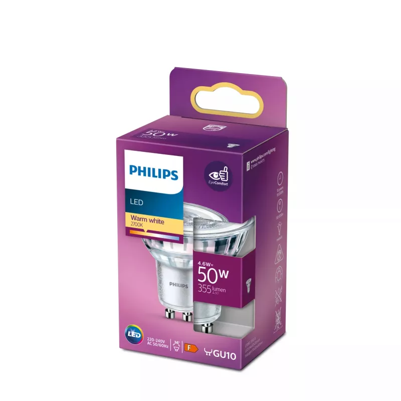 Philips Spot 50W PAR16 GU10, 4,6 W, 50 W, GU10, 355 lm, 15000 h, branco quente