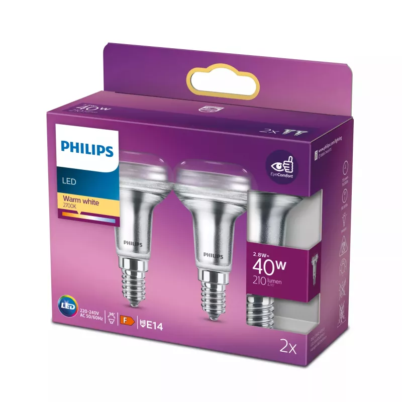 Philips Reflector 40W R50 E14 x2, 2,8 W, 40 W, E14, 210 lm, 15000 h, branco quente