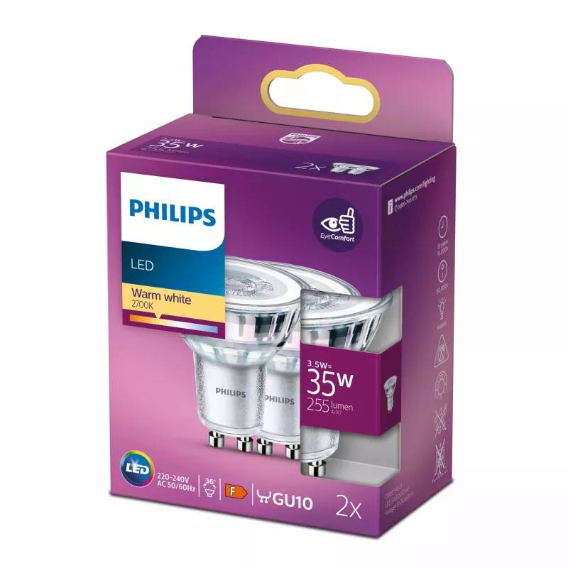 Philips Spot 35W PAR16 GU10 x2, 3,5 W, 35 W, GU10, 255 lm, 15000 h, branco quente