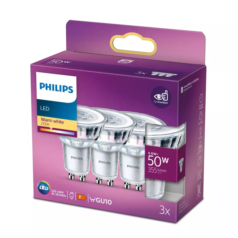 Philips LED Spot PAR16 GU10 4,6 W 355 lm 2700 K branco quente pack de 3