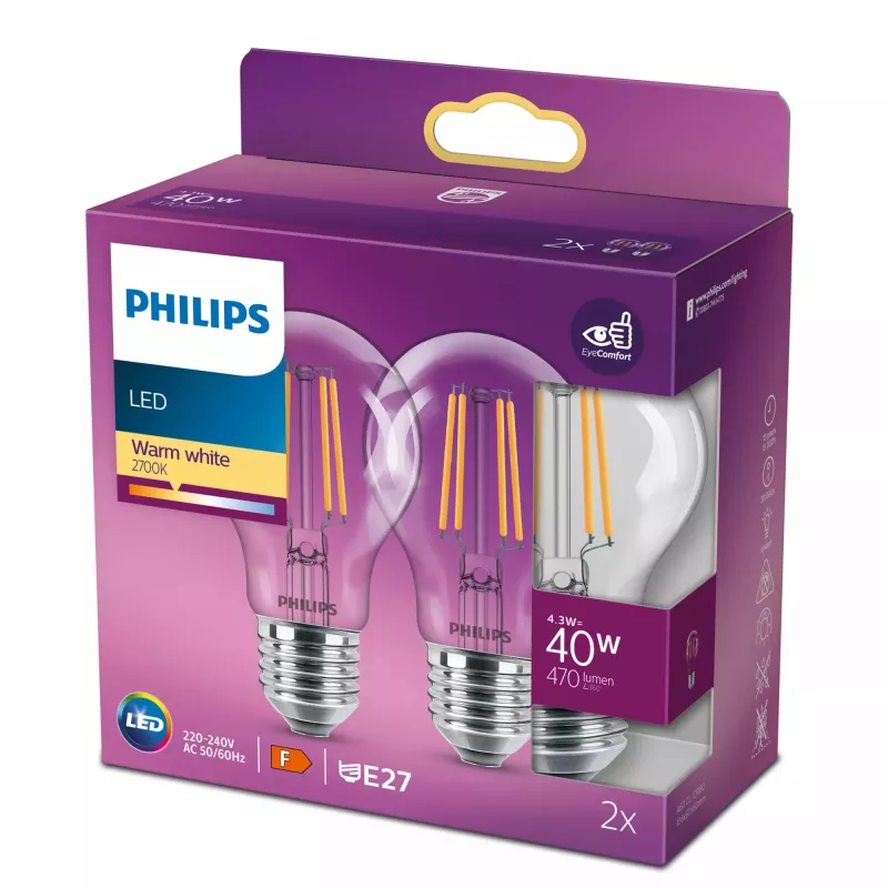 Philips lâmpada Filament transparente 40W A60 E27 conjunto de 2, 4,3 W, 40 W, E27, 470 lm, 15000 h, branco quente