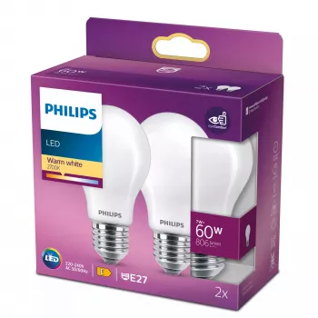 Lâmpada LED Filament Philips A60 E27 7W (equiv. 60W), 2700K, 806 lm, fosca – pack de 2