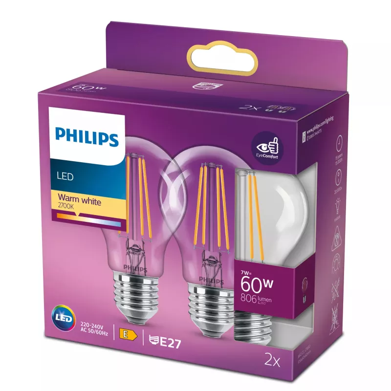 Lâmpada LED Filament Philips A60 7W (equiv. 60W) E27 transparente 2700K pack de 2