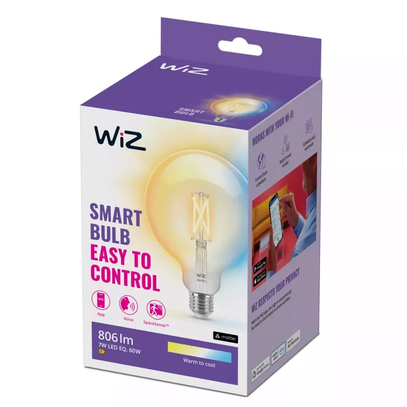 WiZ lâmpada Filament transparente 60 W G125 E27, lâmpada inteligente, Wi-Fi/Bluetooth, transparente, Wi-Fi 4 (802.11n), 802.11b, 802.11g, LED, E27