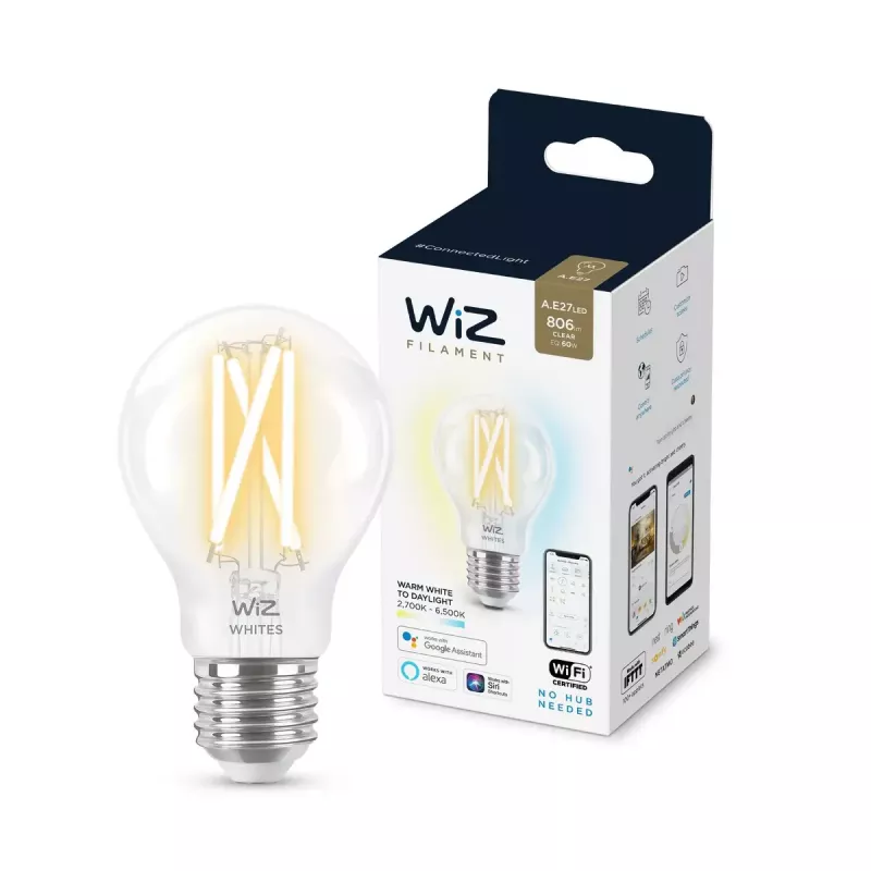 Lâmpada LED Filament inteligente WiZ A60 E27 7W (806 lm) transparente, 220–240V