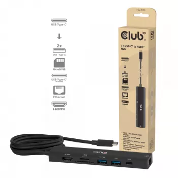Hub USB-C para HDMI CLUB3D 7-1 — com fios, Gigabit Ethernet, preto, 136×34×94,5 mm