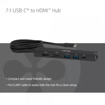 Hub USB-C para HDMI CLUB3D 7-1 — com fios, Gigabit Ethernet, preto, 136×34×94,5 mm