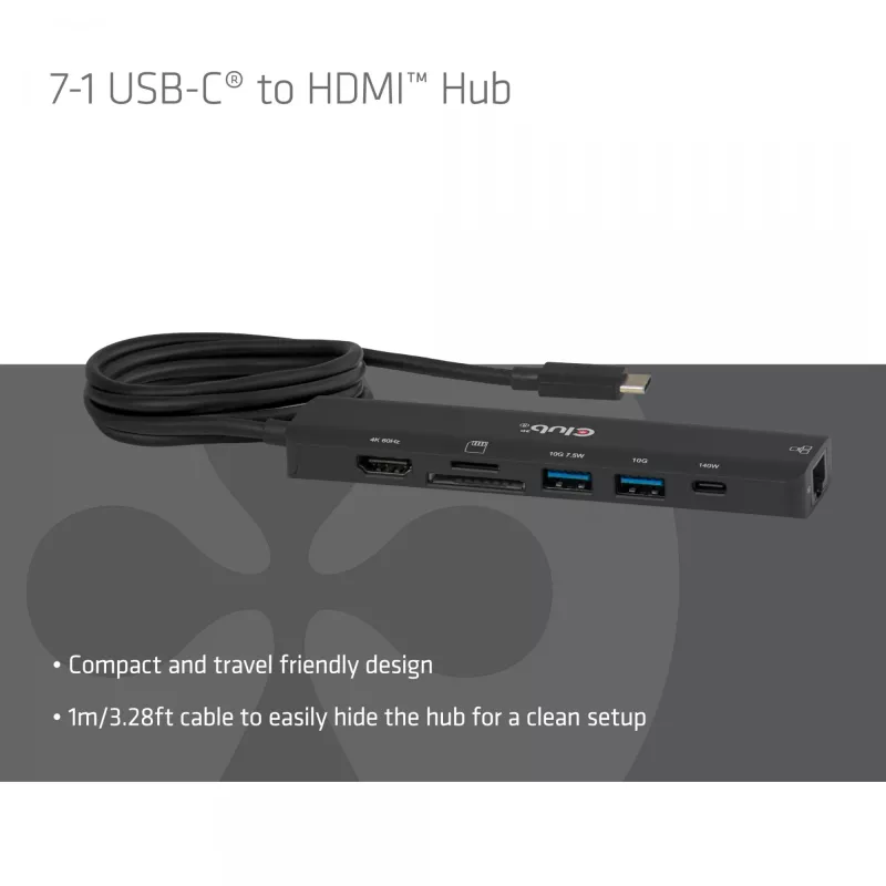 Hub USB-C para HDMI CLUB3D 7-1 — com fios, Gigabit Ethernet, preto, 136×34×94,5 mm