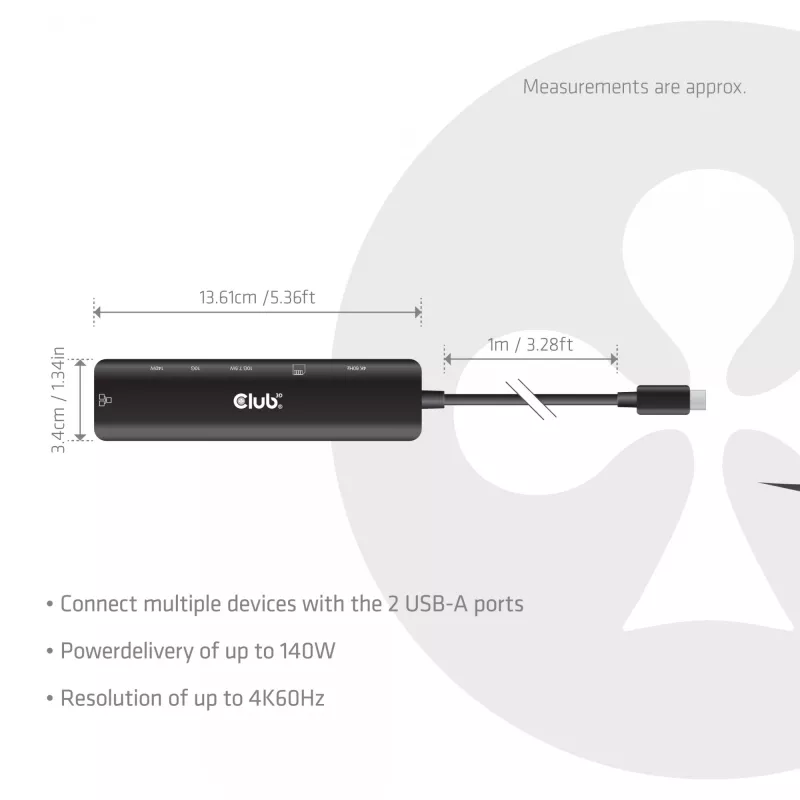 Hub USB-C para HDMI CLUB3D 7-1 — com fios, Gigabit Ethernet, preto, 136×34×94,5 mm