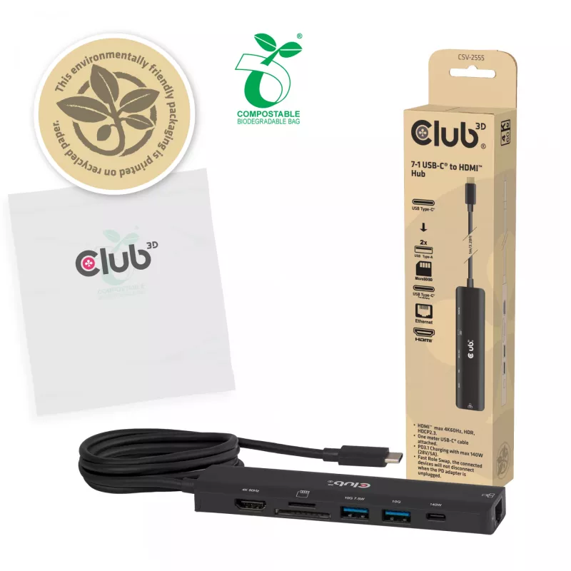 Hub USB-C para HDMI CLUB3D 7-1 — com fios, Gigabit Ethernet, preto, 136×34×94,5 mm
