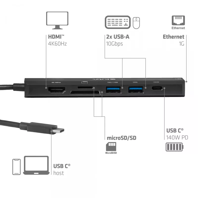 Hub USB-C para HDMI CLUB3D 7-1 — com fios, Gigabit Ethernet, preto, 136×34×94,5 mm