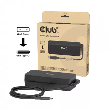 Carregador para portátil USB-C CLUB 3D 140W, alimentação, compatibilidade universal, cabo de 1 m, preto