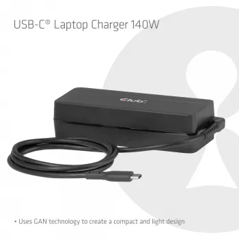 Carregador para portátil USB-C CLUB 3D 140W, alimentação, compatibilidade universal, cabo de 1 m, preto