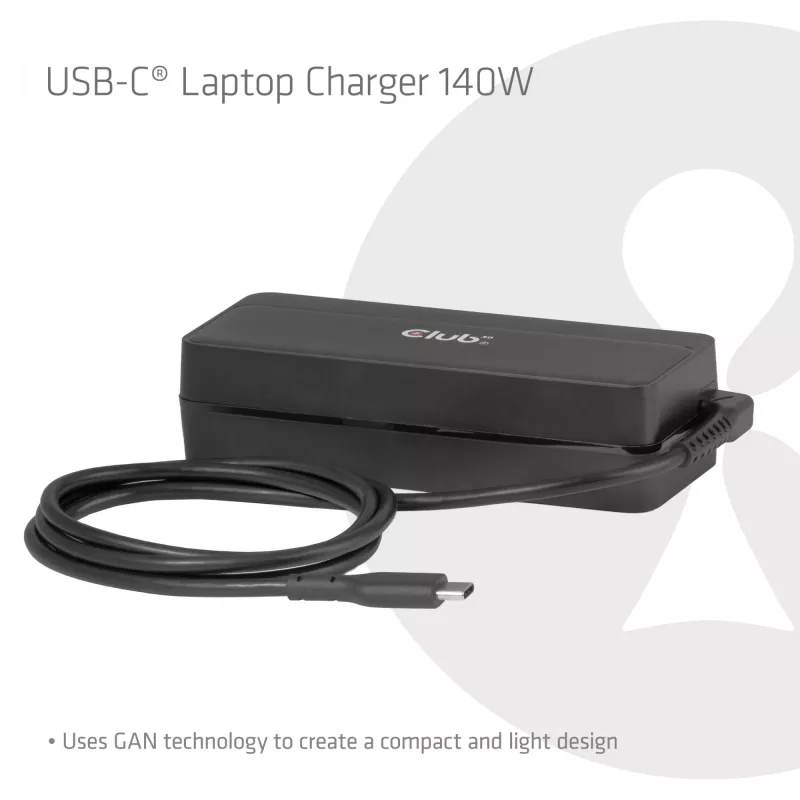 Carregador para portátil USB-C CLUB 3D 140W, alimentação, compatibilidade universal, cabo de 1 m, preto