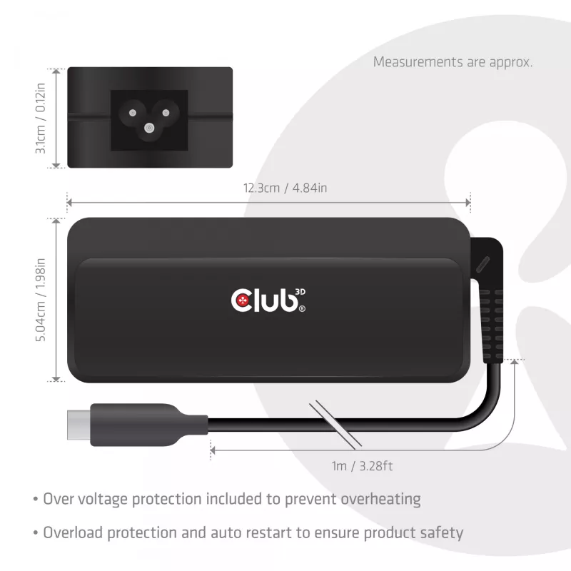 Carregador para portátil USB-C CLUB 3D 140W, alimentação, compatibilidade universal, cabo de 1 m, preto