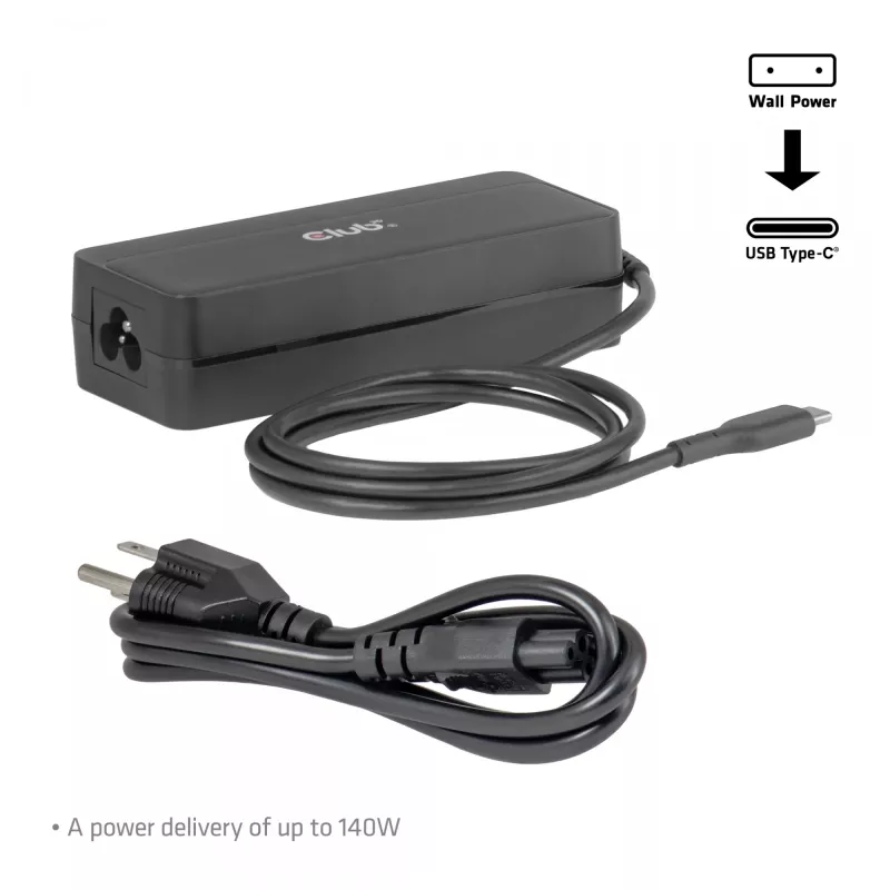 Carregador para portátil USB-C CLUB 3D 140W, alimentação, compatibilidade universal, cabo de 1 m, preto