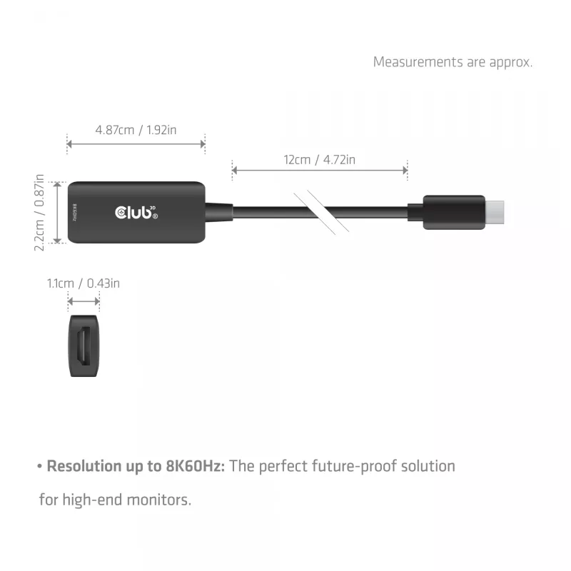Adaptador USB-C para HDMI 2.1 Club 3D CAC-2505 — 8K@60Hz, USB Type-C para HDMI + USB, 0,12 m