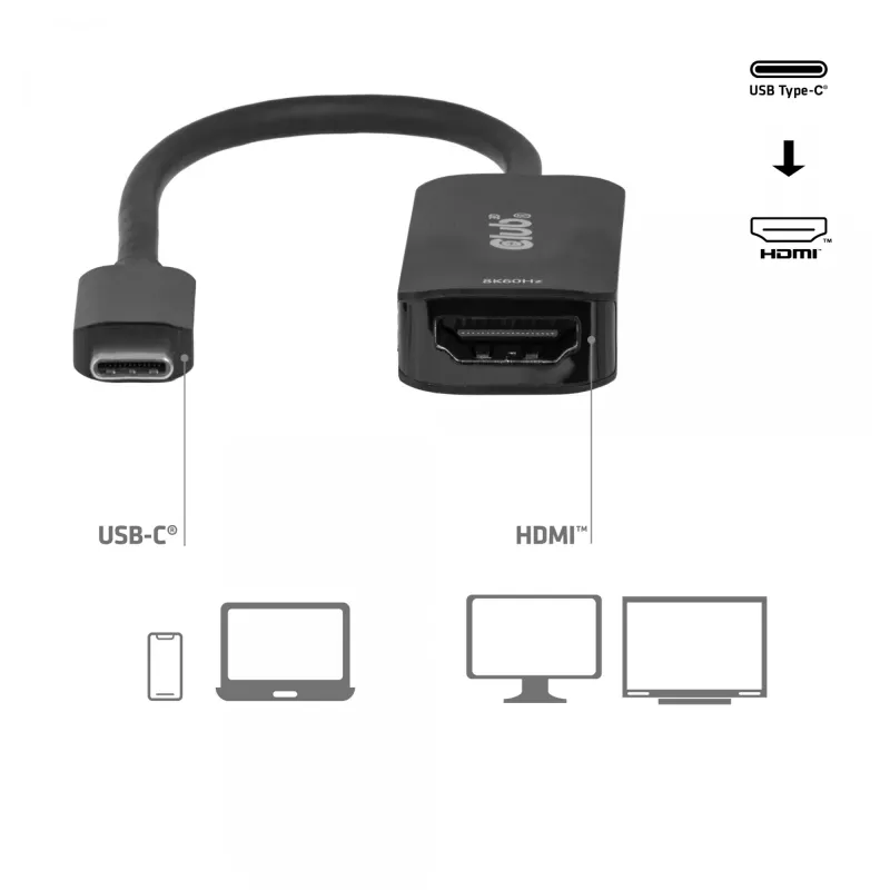Adaptador USB-C para HDMI 2.1 Club 3D CAC-2505 — 8K@60Hz, USB Type-C para HDMI + USB, 0,12 m