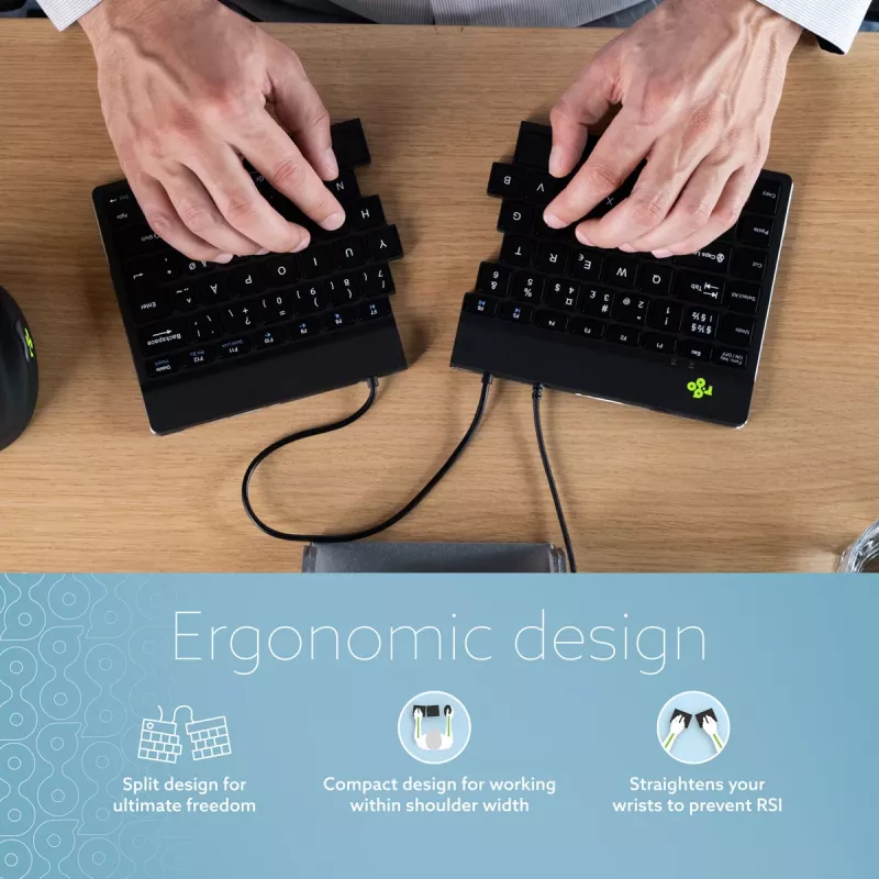 R-Go Tools teclado ergonómico R-Go Split Break v2 com software Break, teclado dividido ergonómico, QWERTY (NORDIC), com fios, preto
