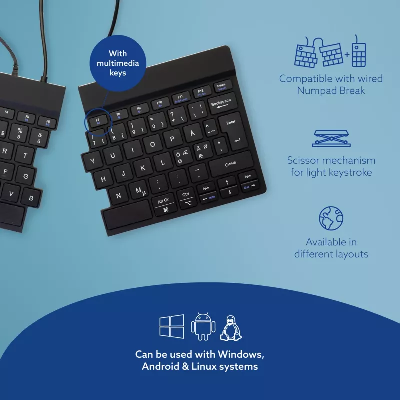 R-Go Tools teclado ergonómico R-Go Split Break v2 com software Break, teclado dividido ergonómico, QWERTY (NORDIC), com fios, preto