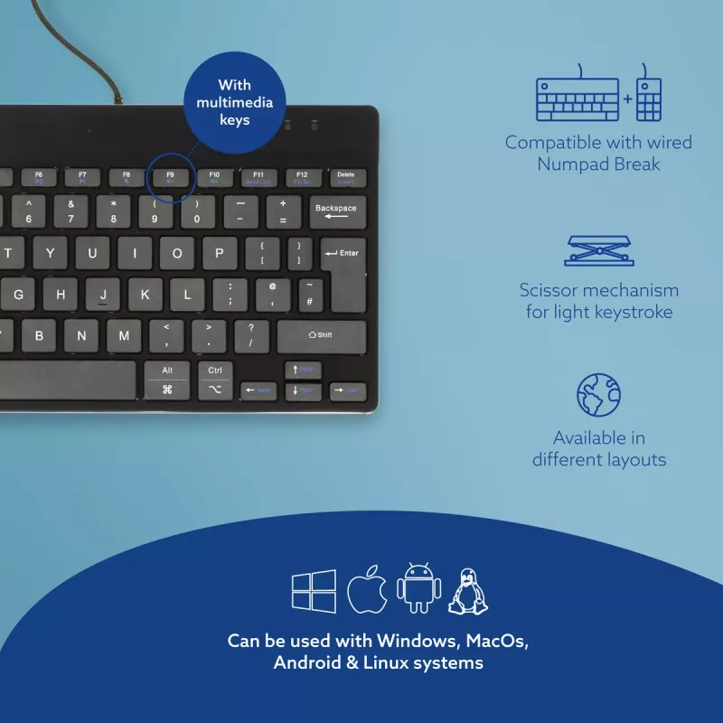 R-Go Tools teclado ergonómico R-Go Compact Break, teclado compacto com software de pausas, QWERTY (UK), com fios, preto